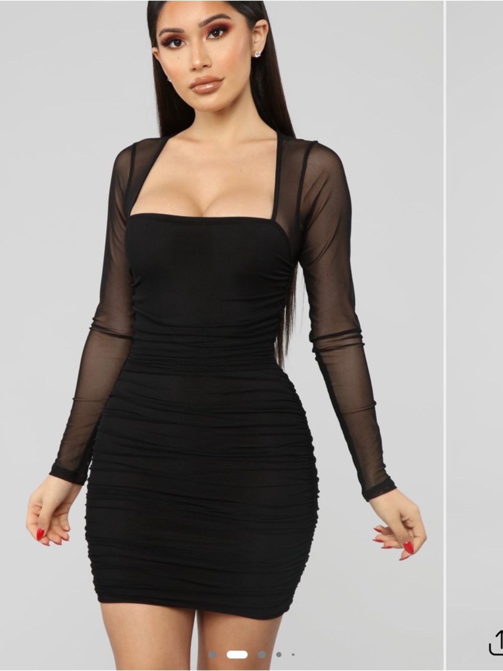 Fashion Nova Black Ruched Long Sleeve Mesh Bodycon Dress